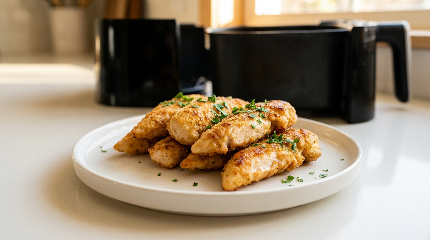 Une assiette d'aiguillettes de poulet dorées et croustillantes garnies de persil, devant un airfryer sur un plan de travail.