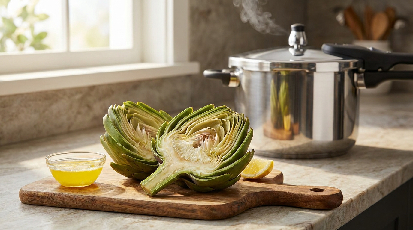 Artichauts coupés sur une planche à découper avec une cocotte-minute fumante en arrière-plan dans une cuisine.