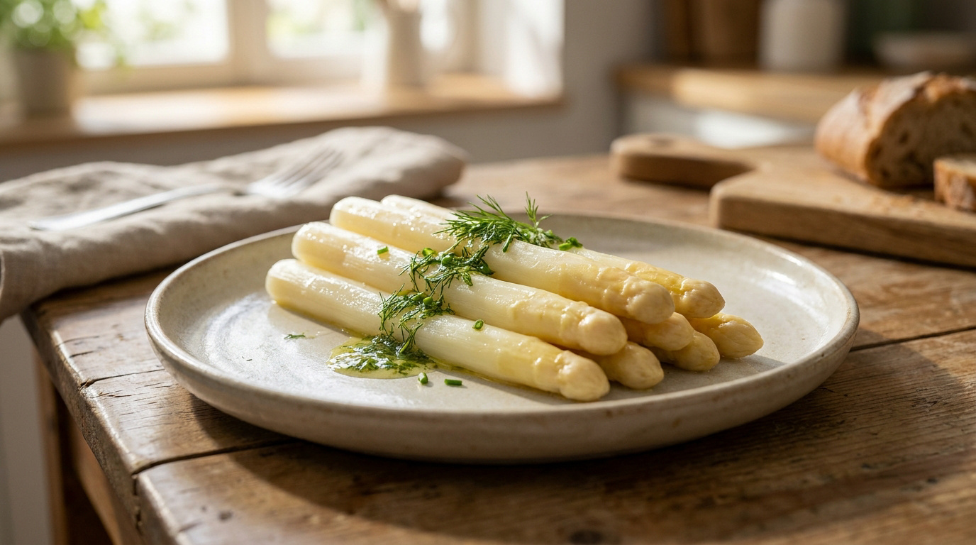 Une assiette d'asperges blanches cuites, nappées d'une sauce aux herbes sur une table en bois.