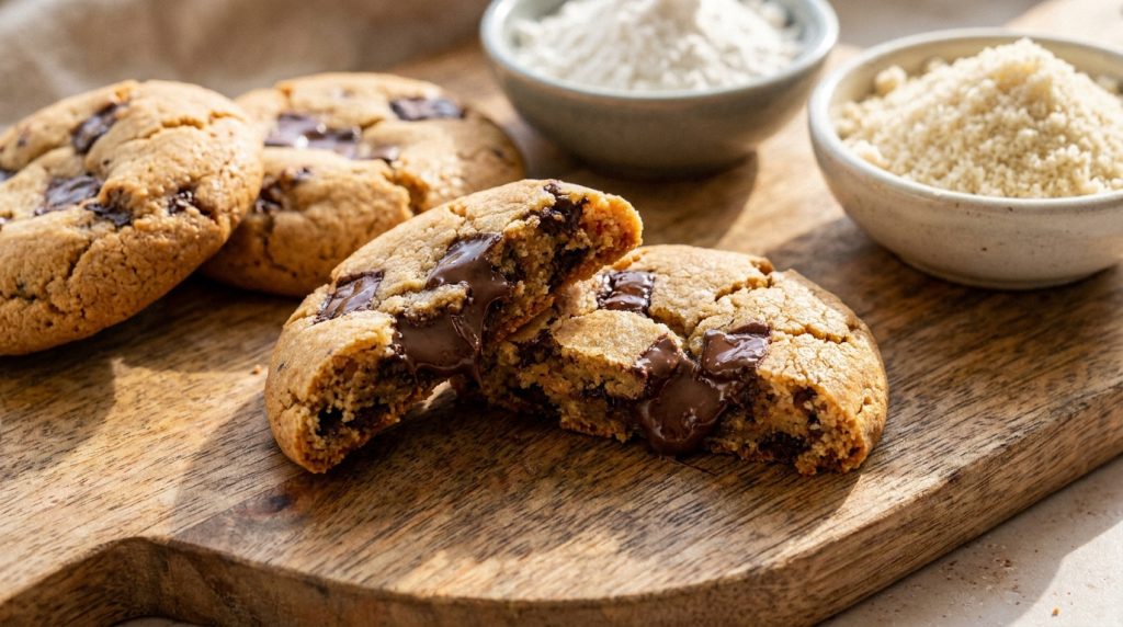 Cookies gourmands aux pépites de chocolat fondant, disposés sur une planche en bois avec des bols de farine.