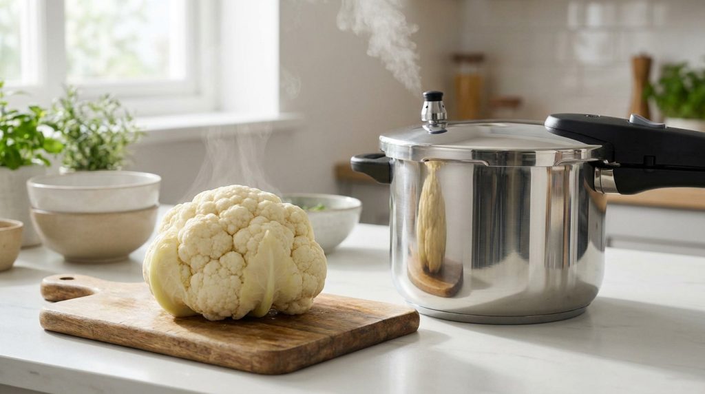 Un chou-fleur frais posé sur une planche en bois à côté d'une cocotte-minute en inox fumante dans une cuisine.