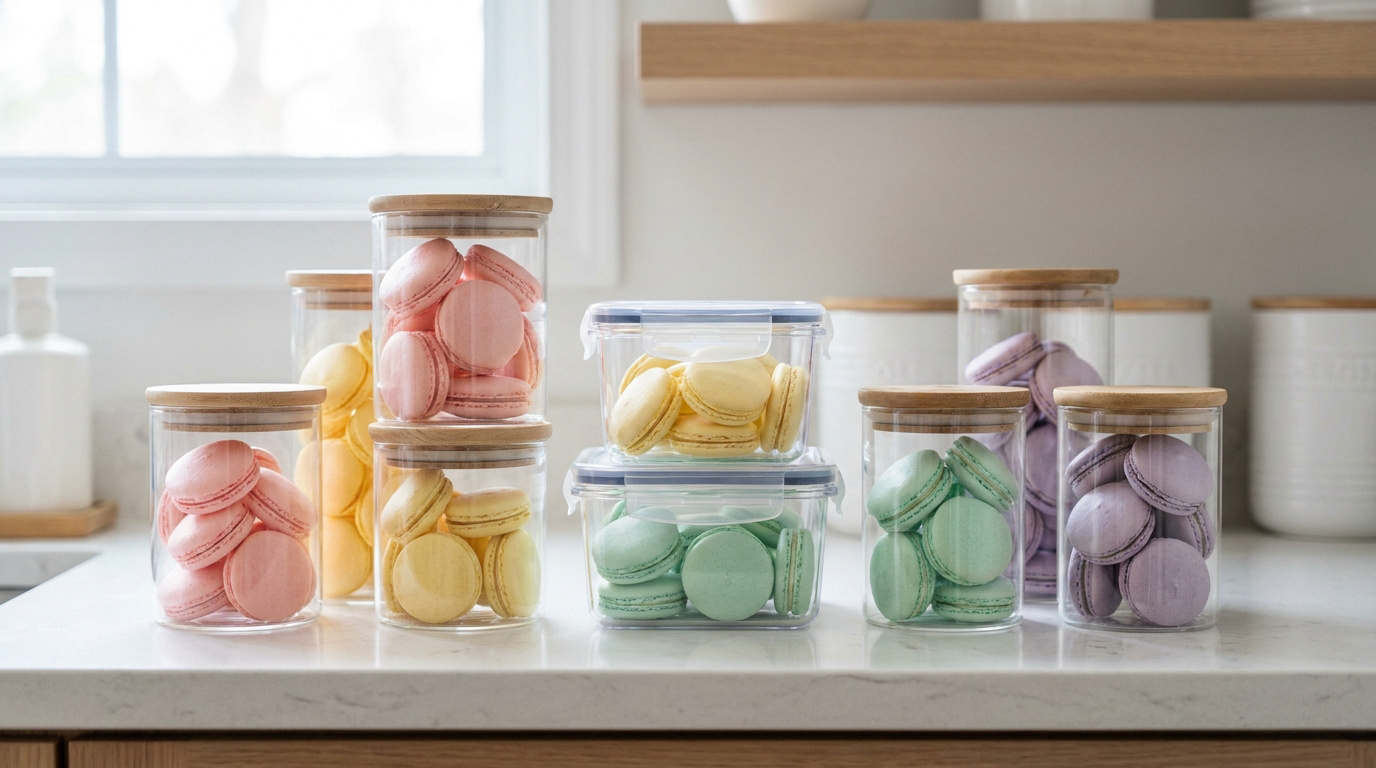 Des macarons colorés soigneusement rangés dans des bocaux en verre et des boîtes hermétiques sur un plan de travail.