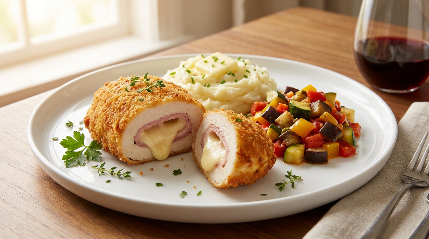 Cordon bleu avec accompagnements dressés pour une assiette équilibrée