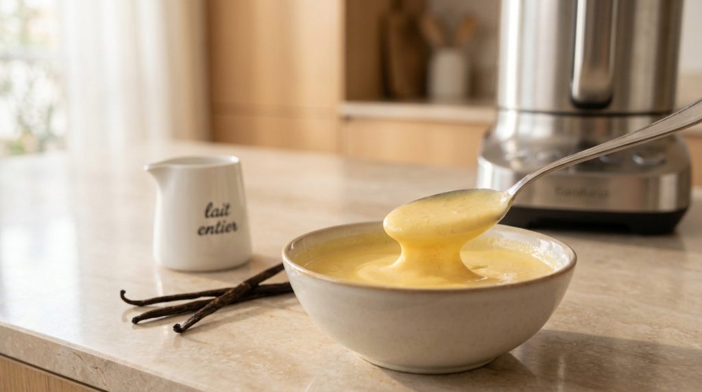 Bol de crème anglaise onctueuse avec une cuillère, gousses de vanille et pichet à lait dans une cuisine moderne.