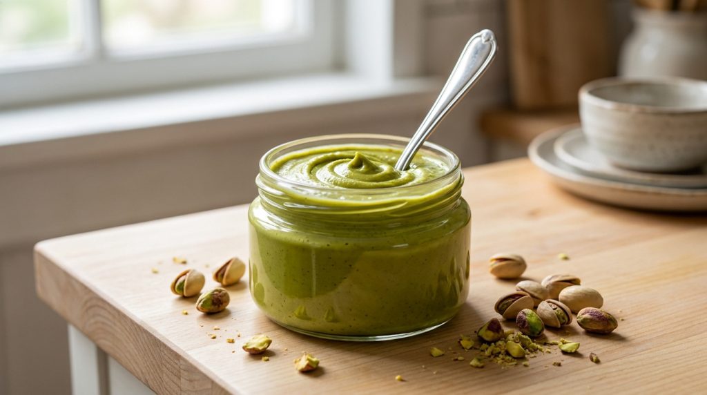 Un bocal en verre rempli de crème de pistache verte avec une cuillère, entouré de pistaches sur une table en bois.