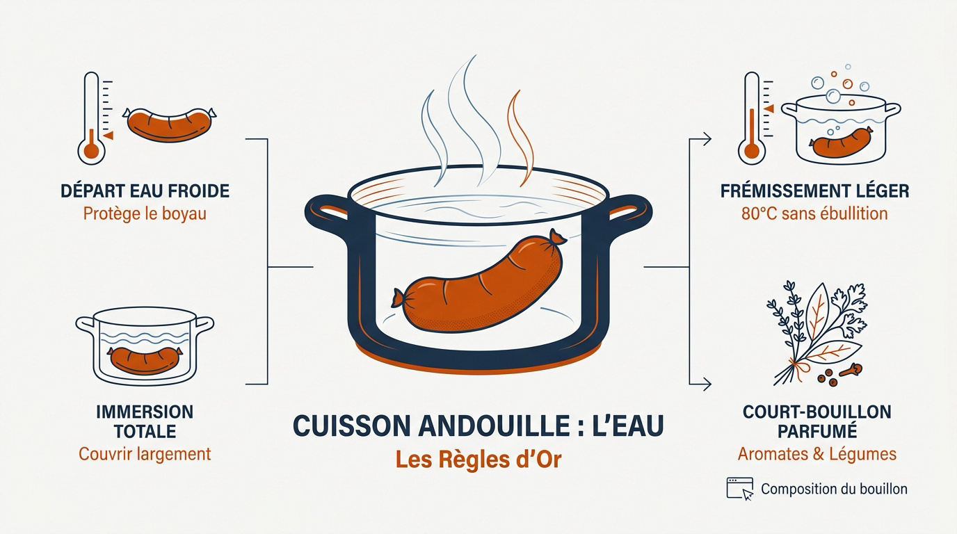 Andouille artisanale en cours de pochage dans une marmite d'eau frémissante