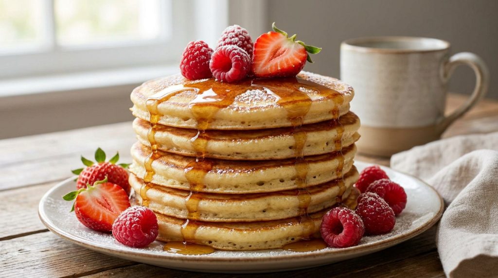Une pile de pancakes dorés nappés de sirop et garnis de fraises et de framboises fraîches sur une table en bois.