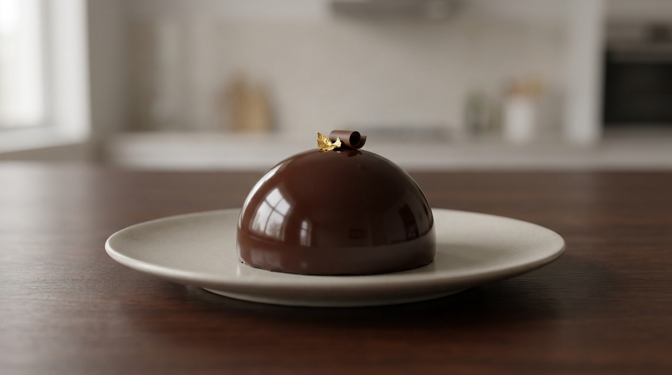 Un dôme de pâtisserie glacé au chocolat brillant avec une feuille d'or sur une assiette dans une cuisine lumineuse.