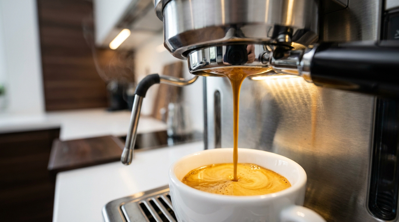Un café expresso coule d'une machine en acier inoxydable dans une tasse blanche dans une cuisine moderne.