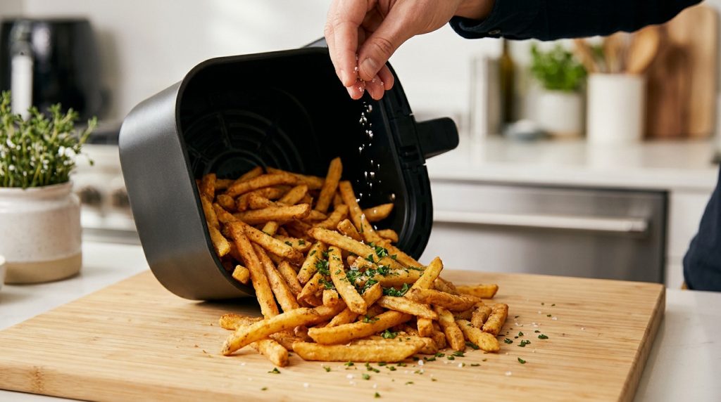 Une main sale des frites dorées sorties d'un air fryer sur une planche en bois.