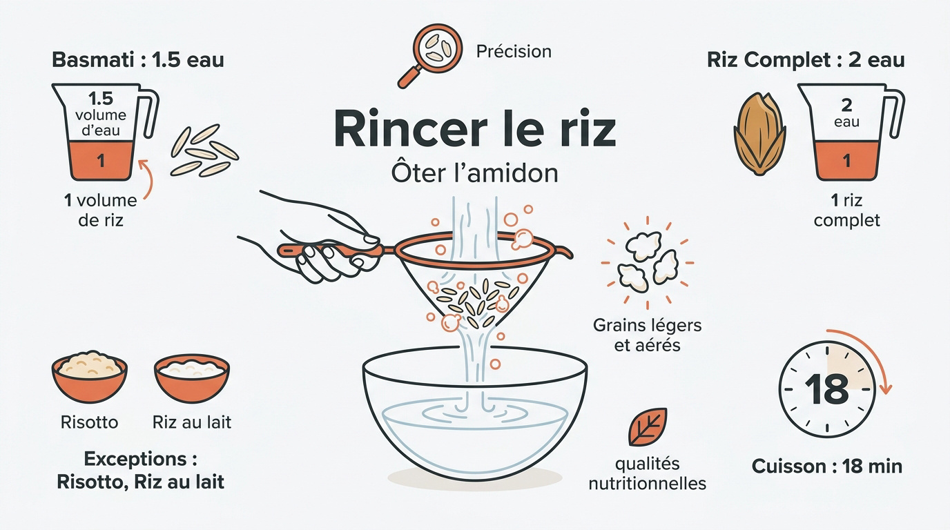 Illustration des étapes de rinçage et de préparation du riz dans une passoire