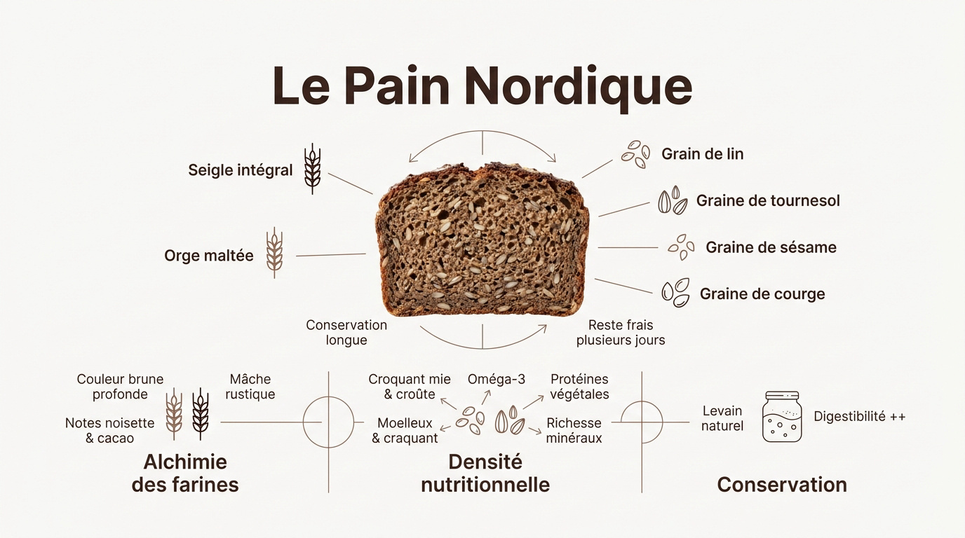 Infographie présentant les ingrédients du pain nordique et ses bienfaits nutritionnels comme les fibres et minéraux