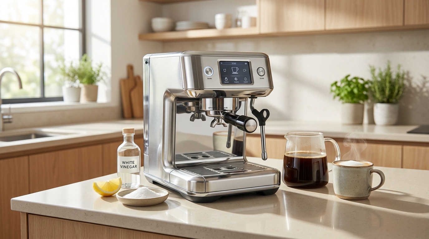 Machine à café en inox sur un comptoir avec vinaigre blanc et citron pour le nettoyage.