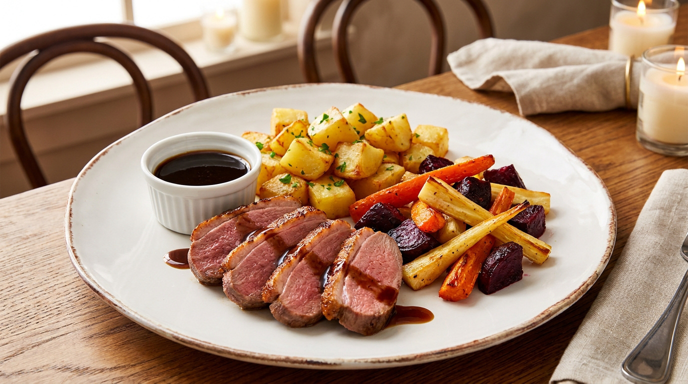 Magret de canard tranché avec pommes de terre rissolées et légumes racines rôtis sur une assiette blanche.