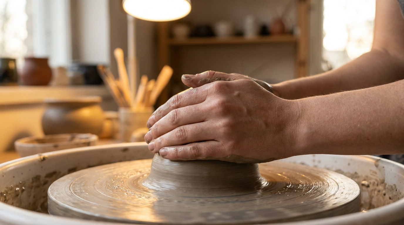 Gros plan sur des mains d'artisan façonnant de l'argile sur un tour de potier dans un atelier lumineux.