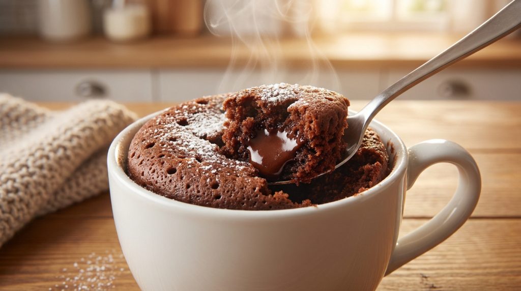 Un mug cake au chocolat fumant dans une tasse blanche, avec une cuillère soulevant un morceau au cœur fondant.
