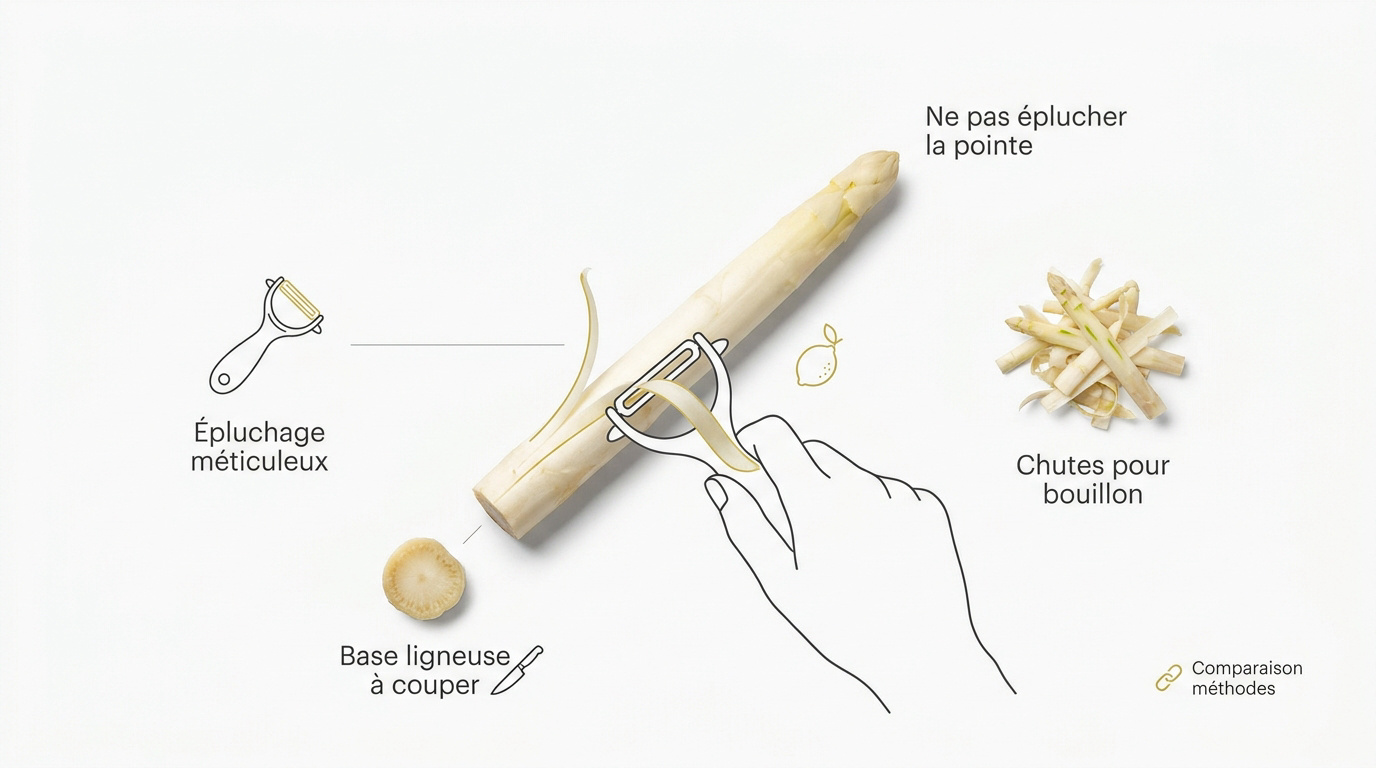 Épluchage des asperges blanches avec un économe sur un plan de travail