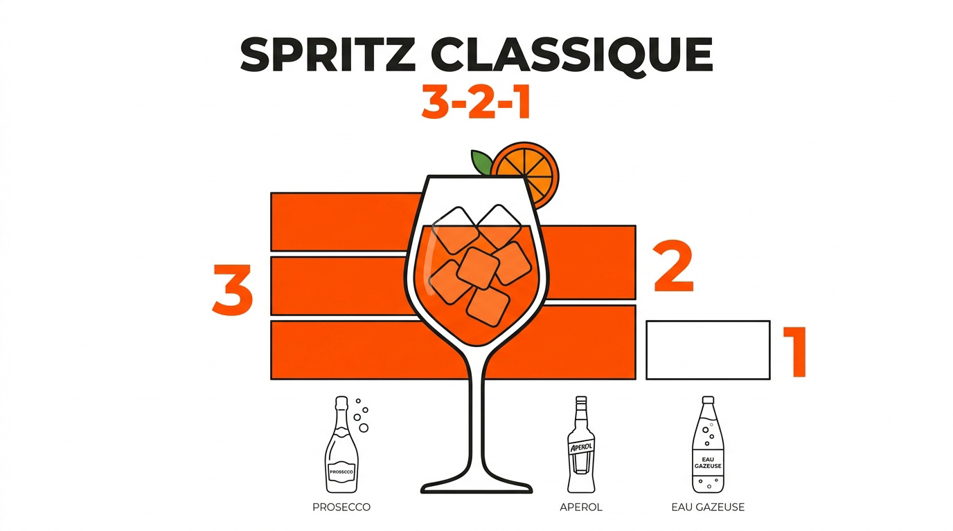 Verre de Spritz Aperol avec glaçons et tranche d'orange respectant le dosage 3-2-1