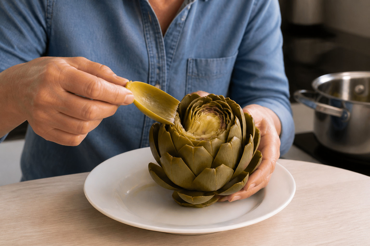 Une personne retire une feuille d'un artichaut cuit posé sur une assiette blanche.