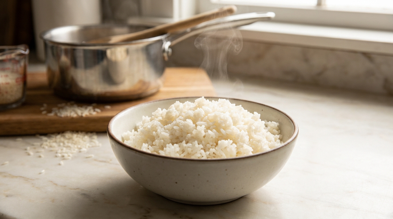 Un bol de riz blanc chaud et fumant posé sur un comptoir de cuisine, avec une casserole en arrière-plan.