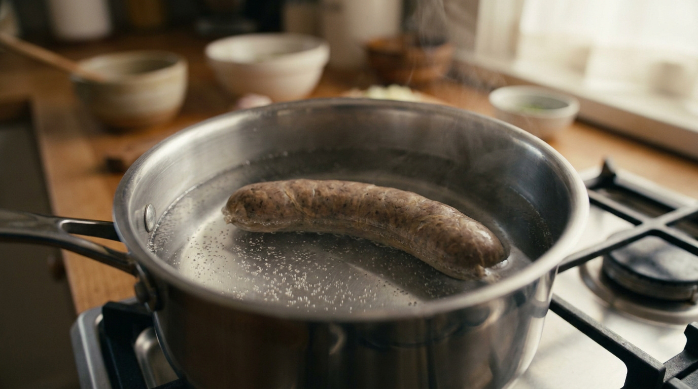 Une andouille cuit doucement dans une casserole d'eau chaude sur une gazinière, avec de la vapeur s'échappant à la surface.