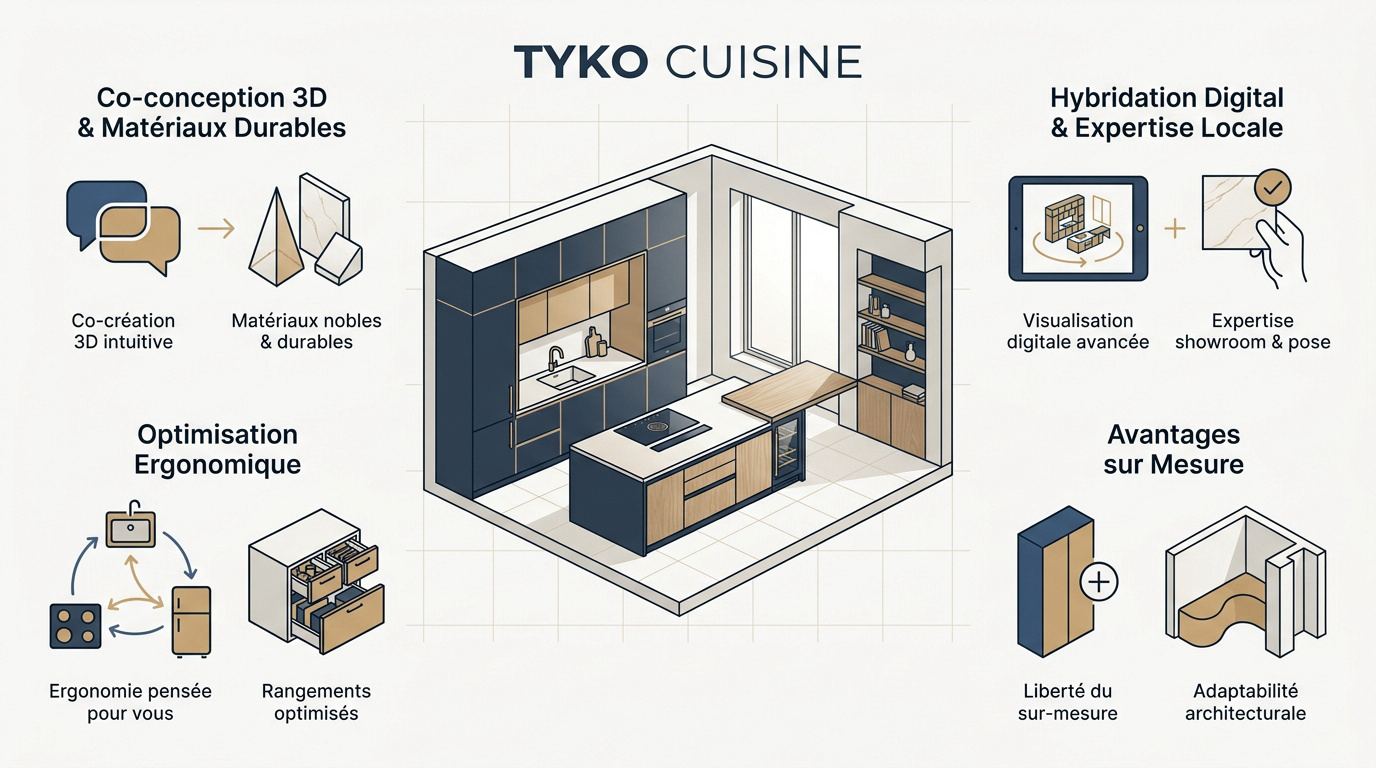 Cuisine Tyko moderne avec îlot central et plan de travail en quartz
