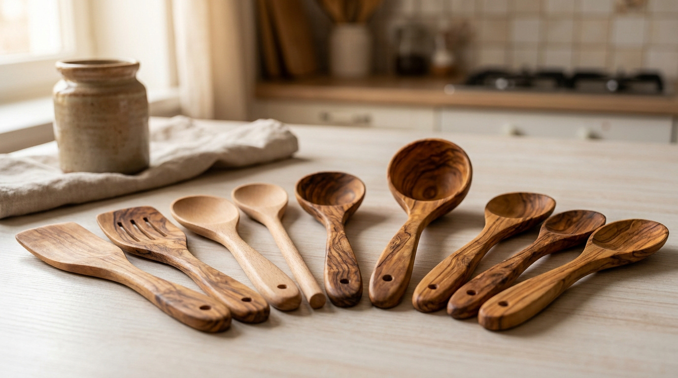 Une rangée d'ustensiles de cuisine en bois de différentes formes disposés sur une table en bois clair.