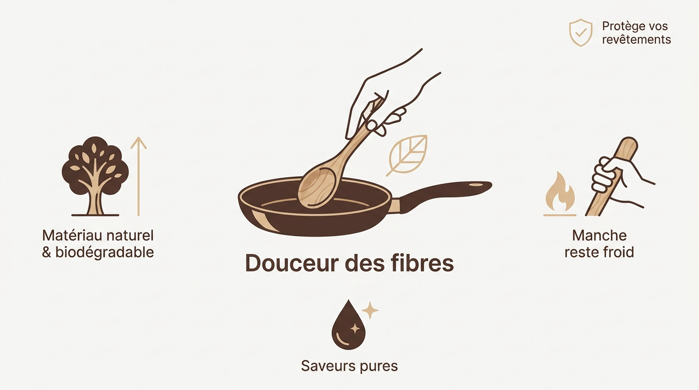 Sélection d'ustensiles de cuisine en bois artisanal pour une cuisine saine