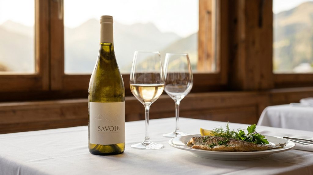 Une bouteille de vin blanc de Savoie, deux verres et une assiette de poisson sur une table avec vue sur la montagne.