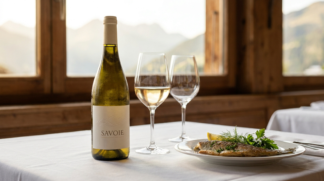 Une bouteille de vin blanc de Savoie, deux verres et une assiette de poisson sur une table avec vue sur la montagne.