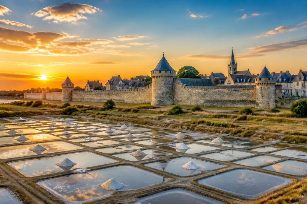 Guerande cite historique et marais salants au coucher du soleil