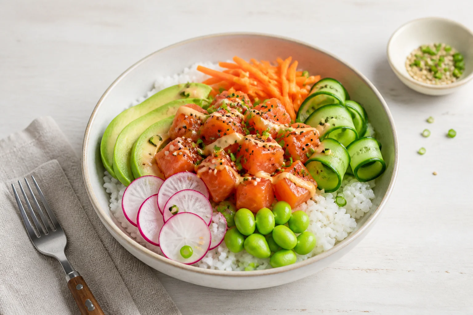 Poke bowl au saumon frais et colore