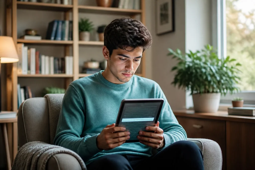 Jeune homme lisant sur tablette