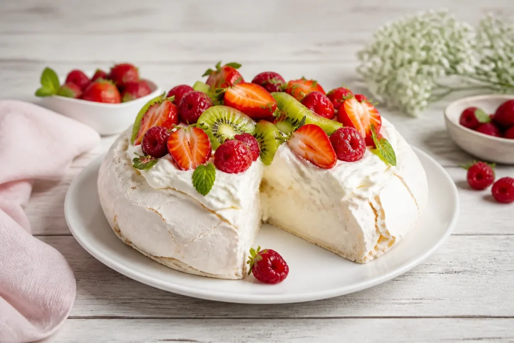 Pavlova aux fruits rouges et kiwis