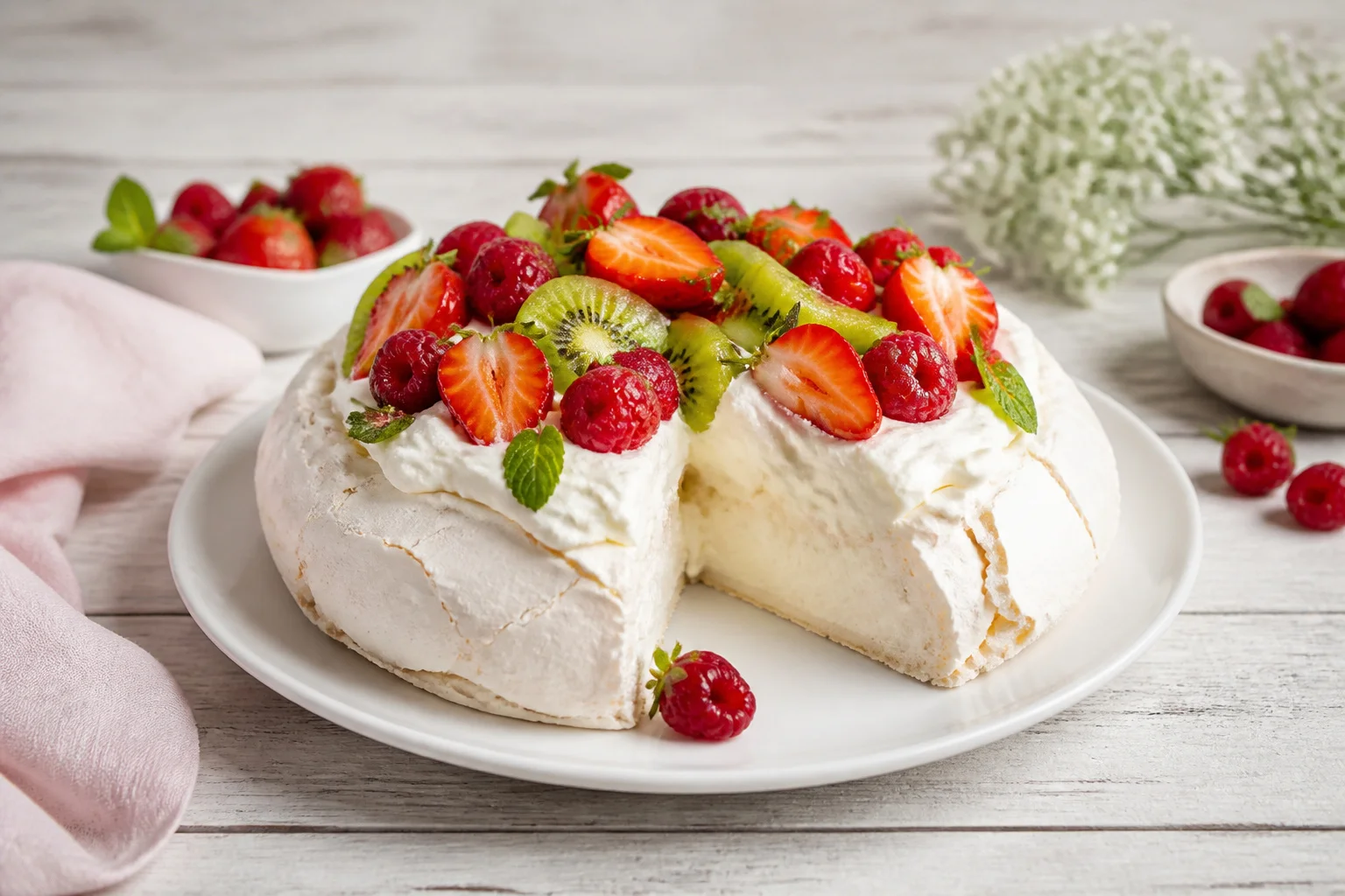 Pavlova aux fruits rouges et kiwis