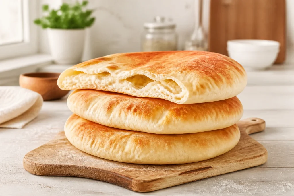 Pain libanais frais sur planche en bois
