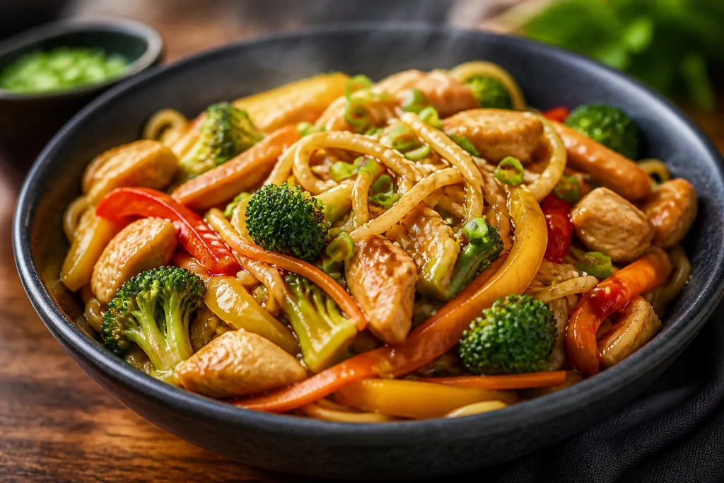 Nouilles sautees au poulet et legumes