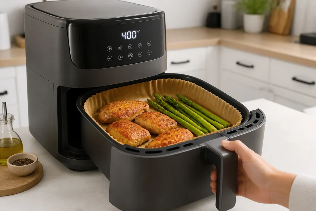 Friteuse a air avec poulet et asperges