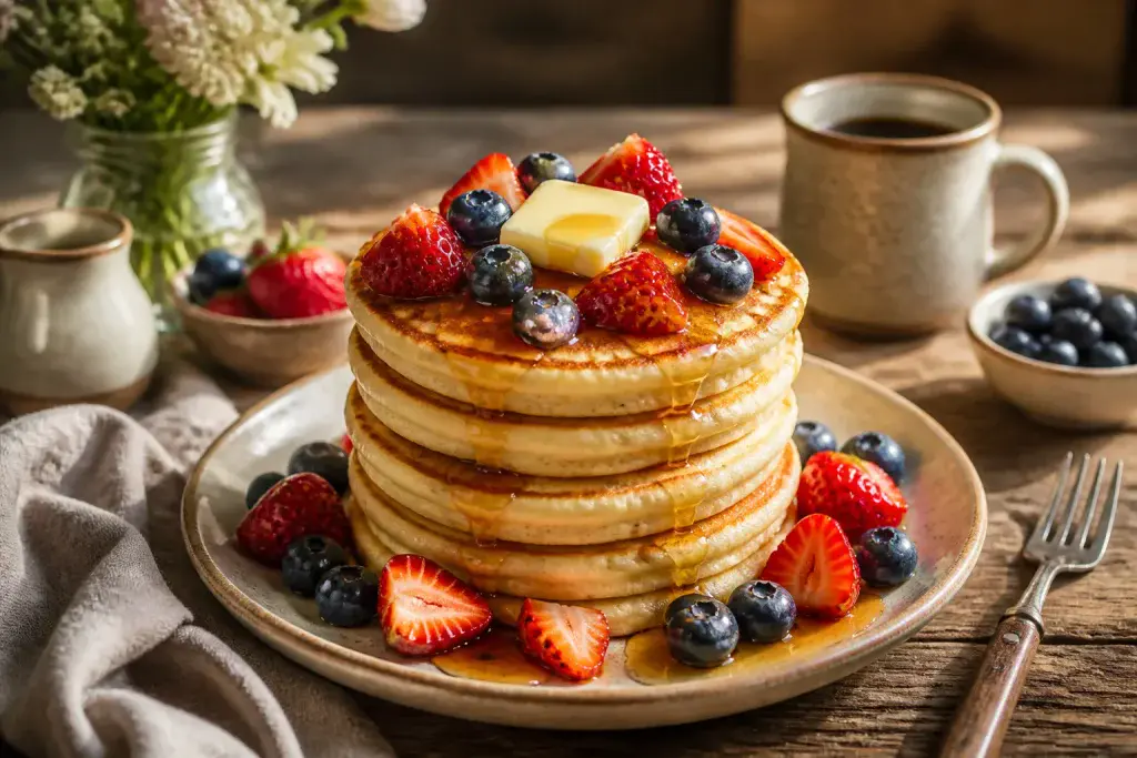 Pancakes dores aux fruits rouges et sirop derable