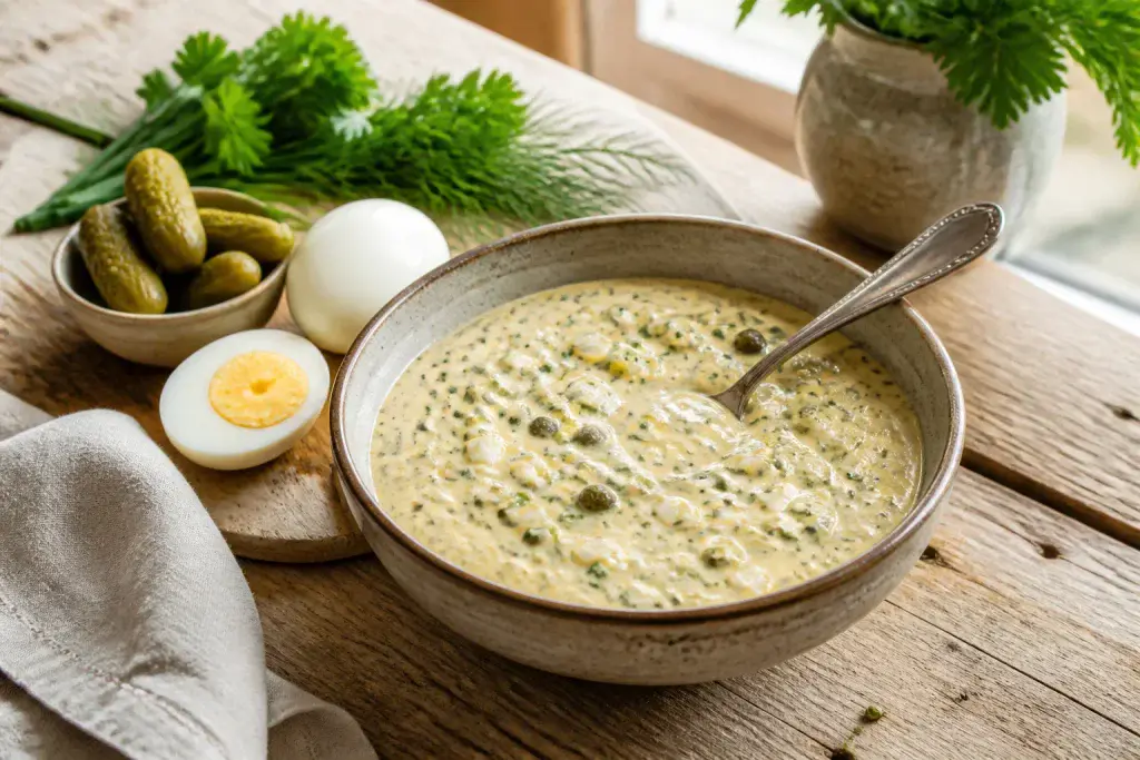 Sauce gribiche cremeuse dans un bol rustique