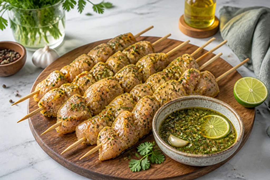 Brochettes de poulet marinees pretes a griller