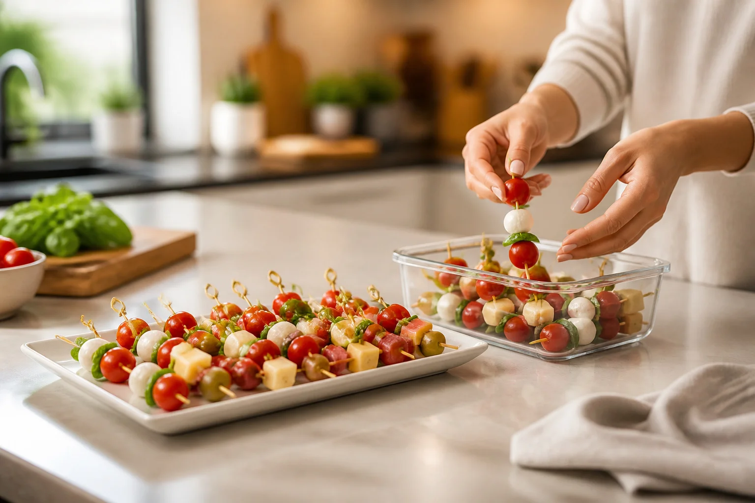 Brochettes apero colorees en preparation