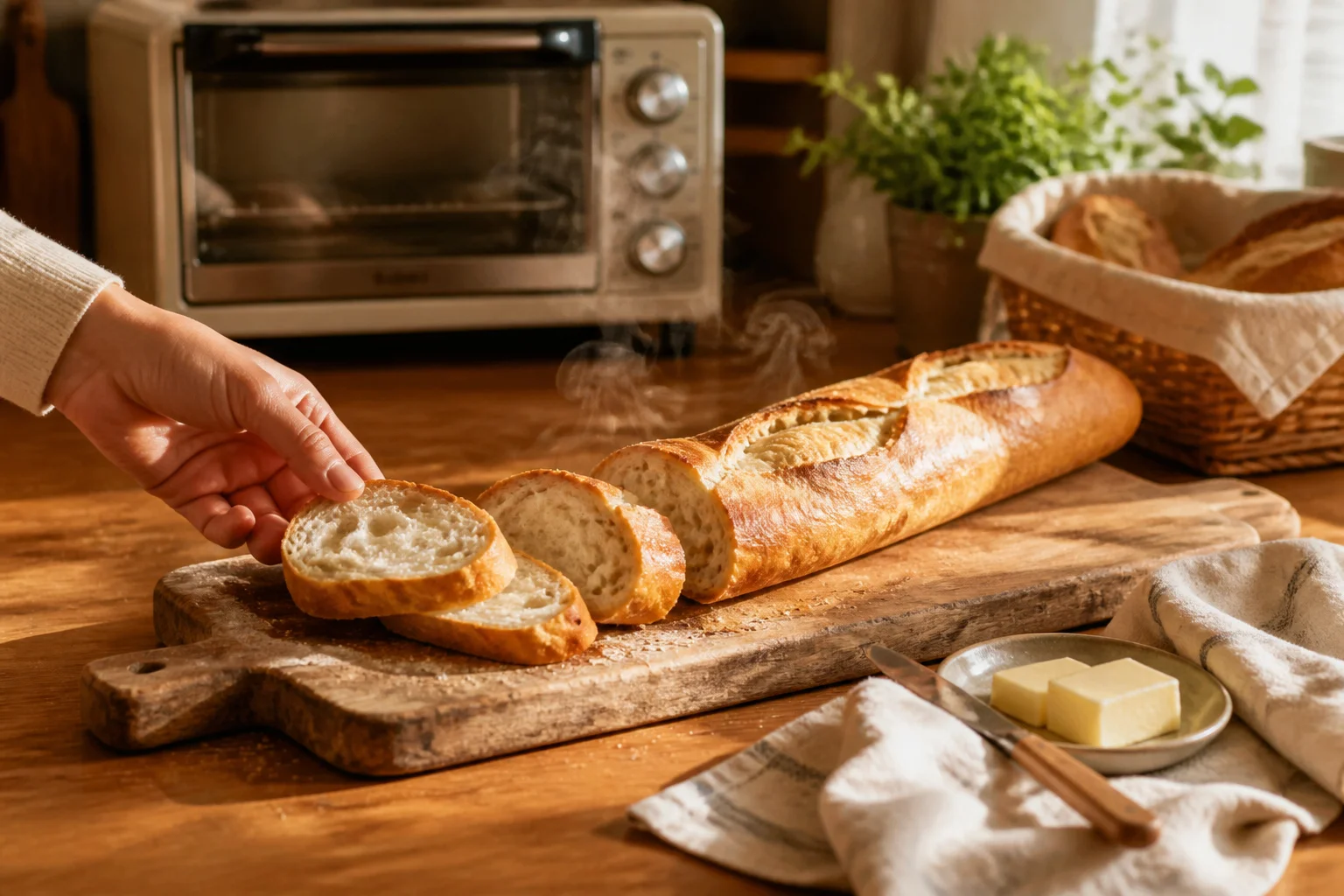 Baguette artisanale fraichement coupee