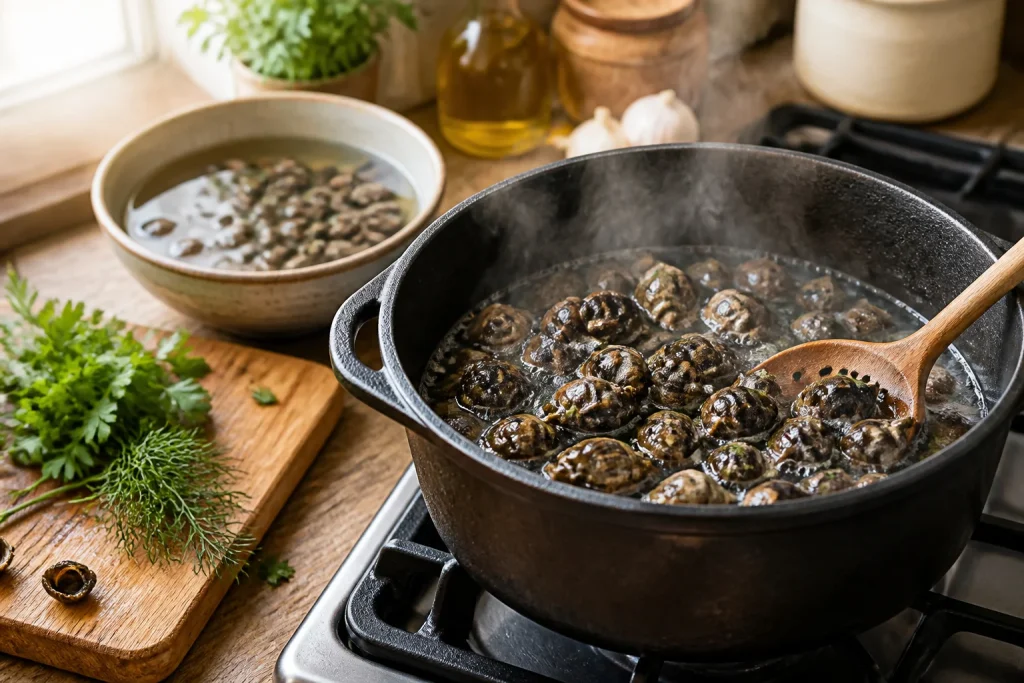 Gros plan sur des bigorneaux cuisant dans une marmite