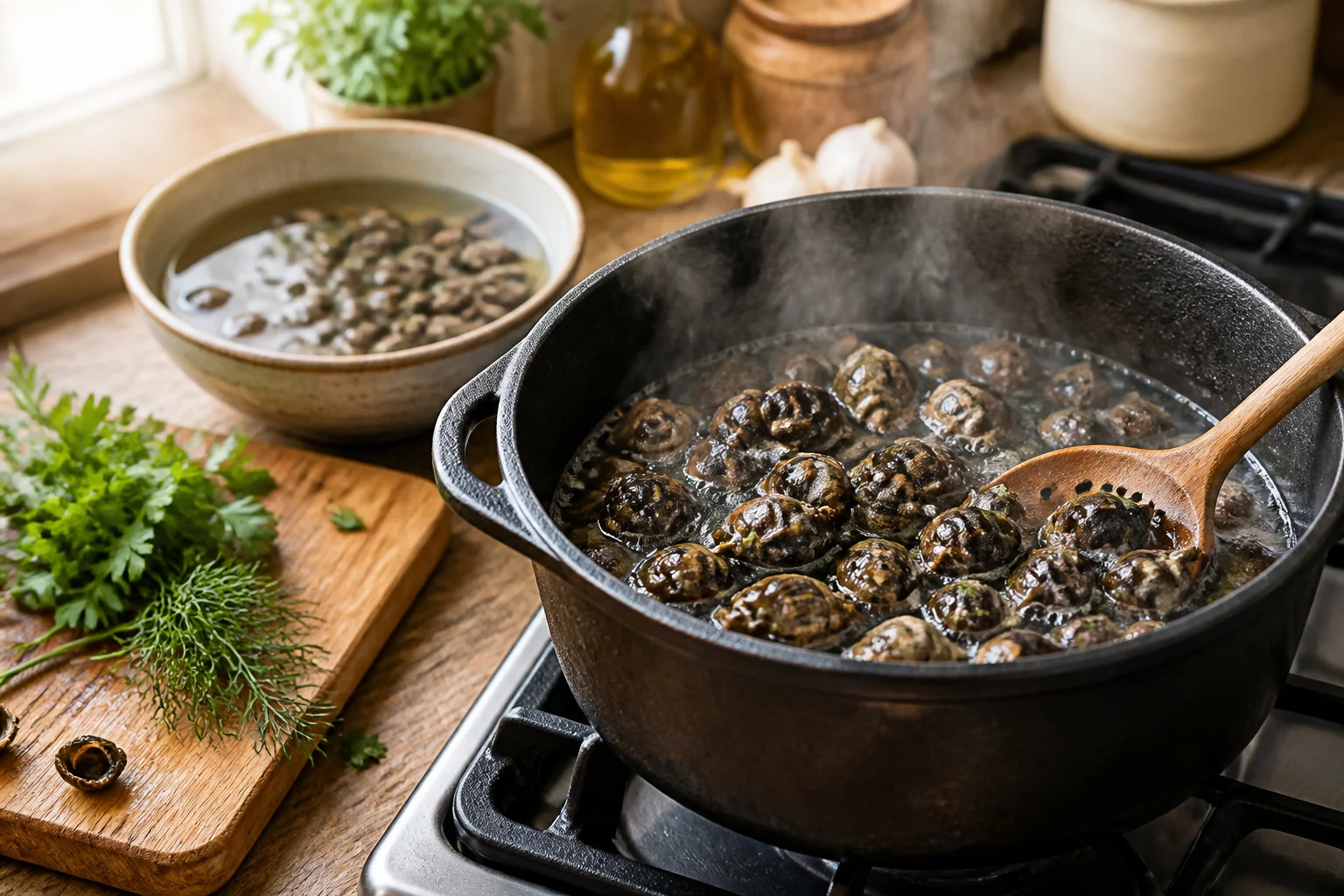 Gros plan sur des bigorneaux cuisant dans une marmite