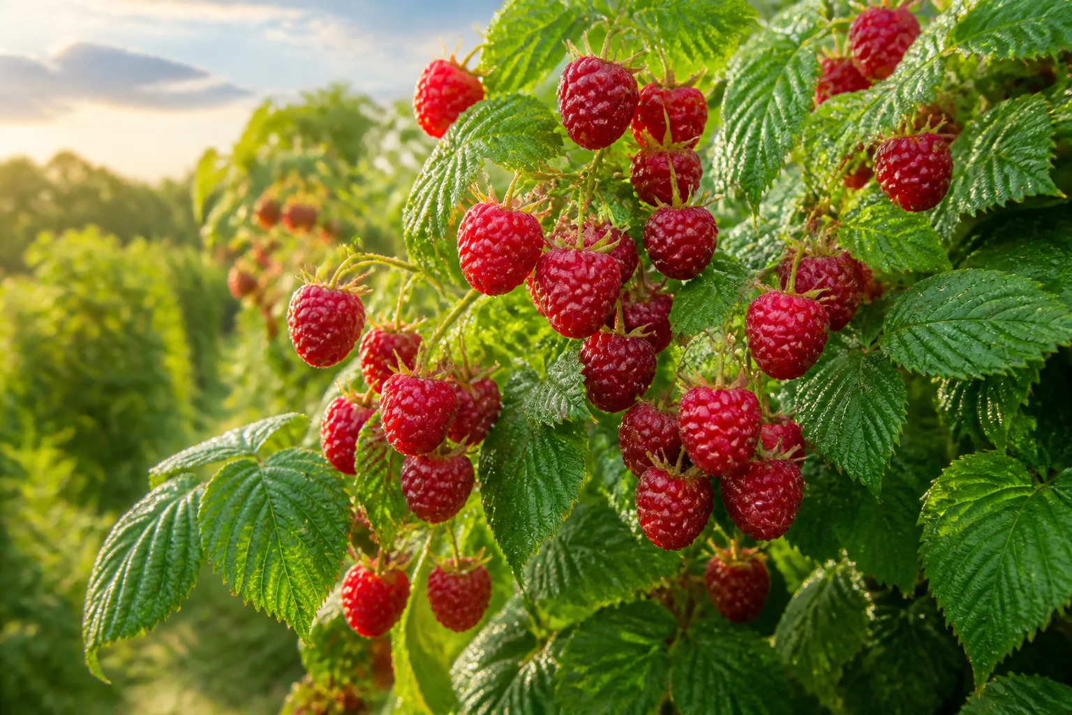 Framboises rouges juteuses sur la branche