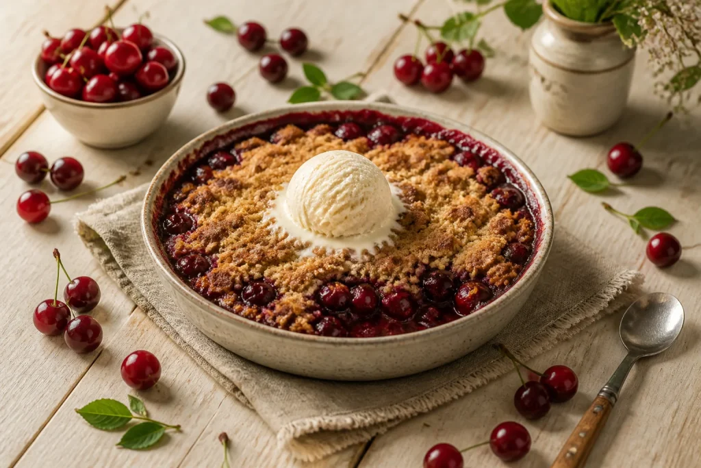 Crumble aux cerises et glace a la vanille