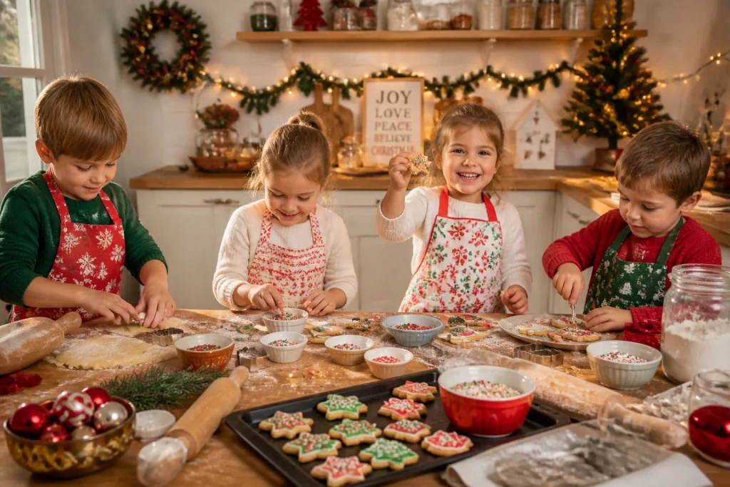 Enfants decorant des biscuits de noel