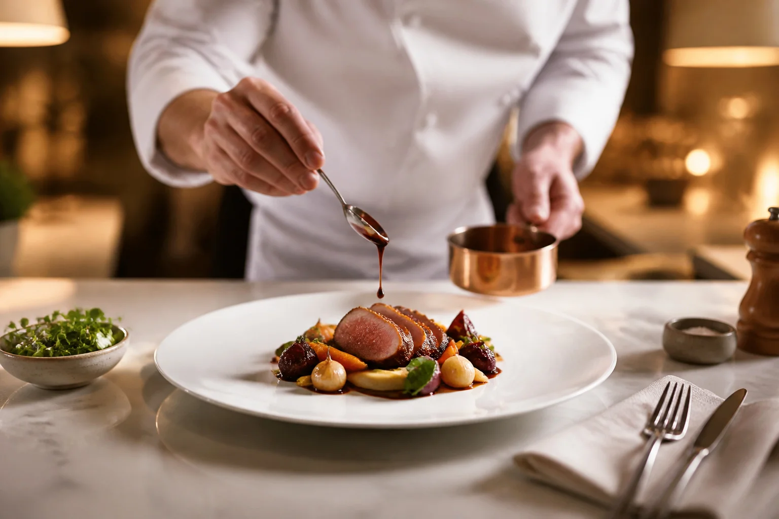 Cuisine de chef finition dun plat gourmet